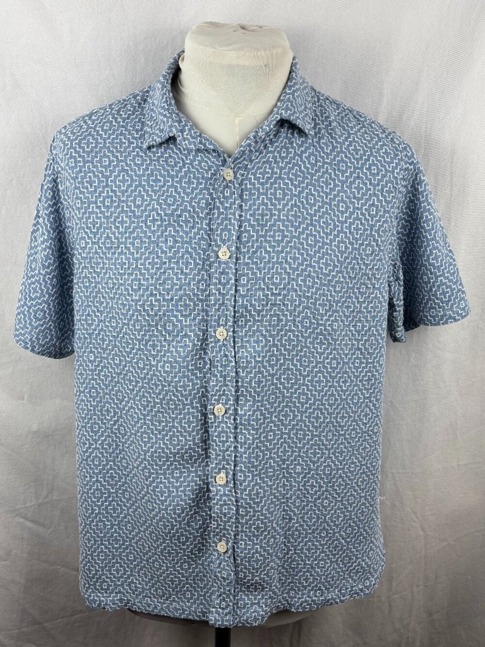 Common People Linen Blend Blue Geometric Print Short Sleeve Shirt Men's M